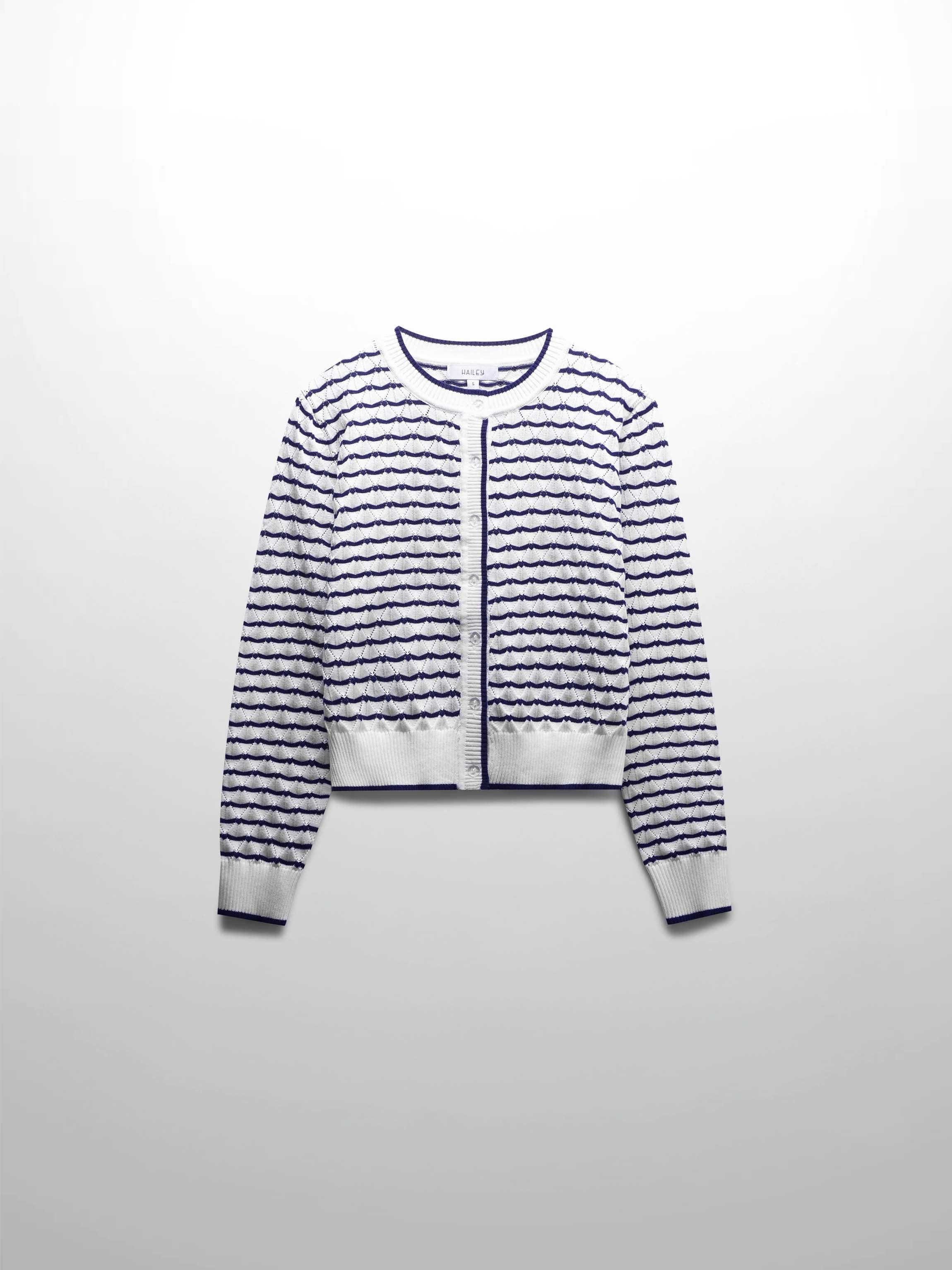 Striped Pointelle Cardigan-Ivory/Navy