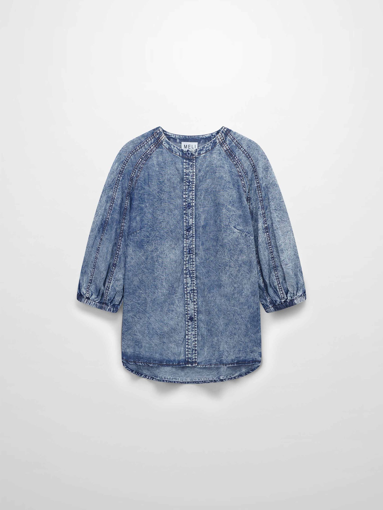 Puff Sleeve Washed Denim Blouse-Blue