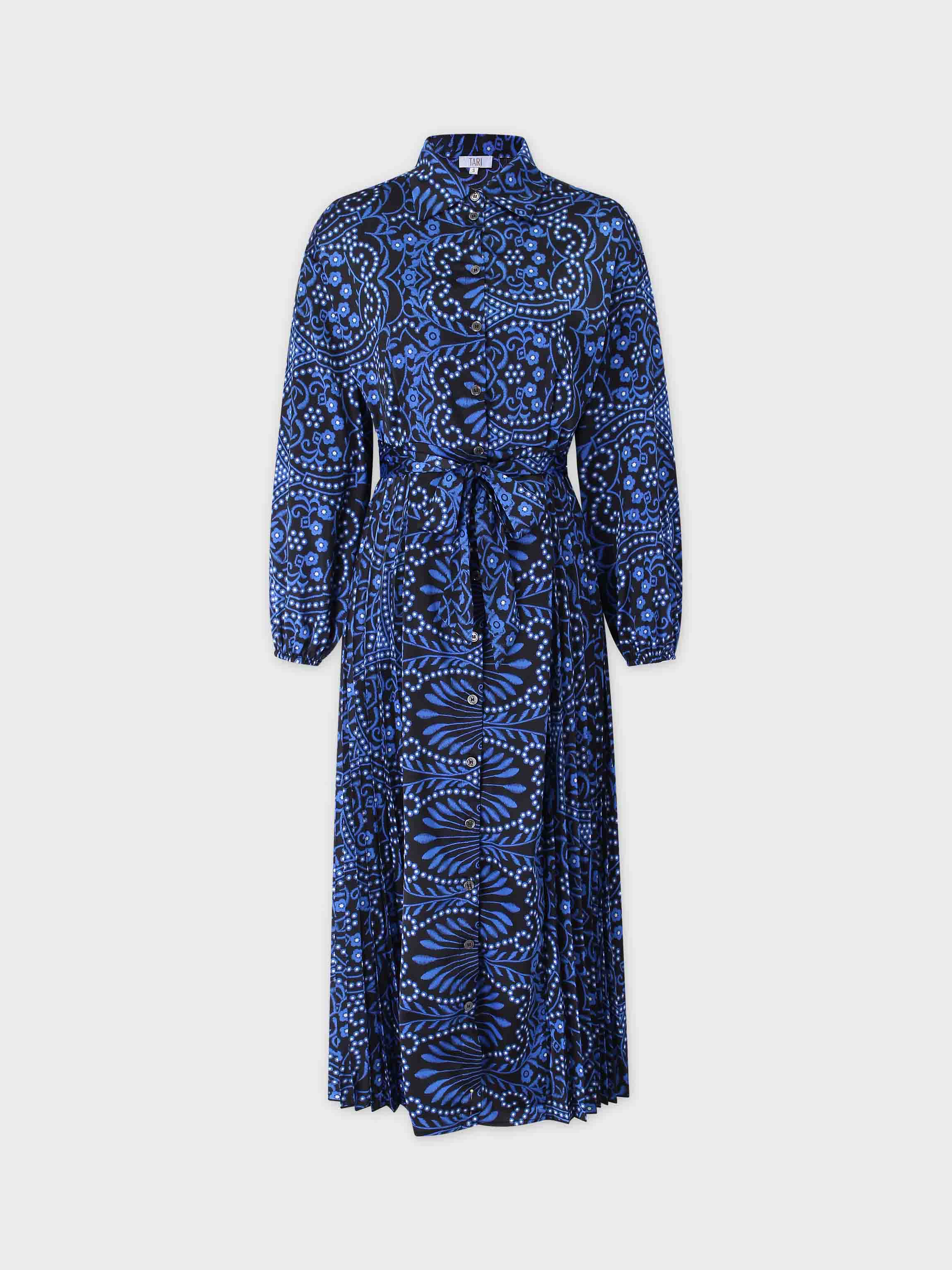 Half Pleat Shirtdress-Blue Spirograph