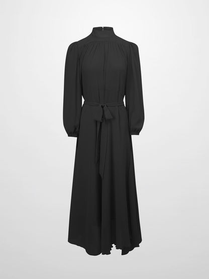 Asymmetrical Bottom Belted Dress-Black
