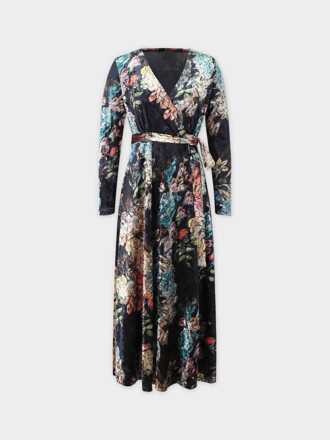 Velvet Wrap Dress-Floral Print