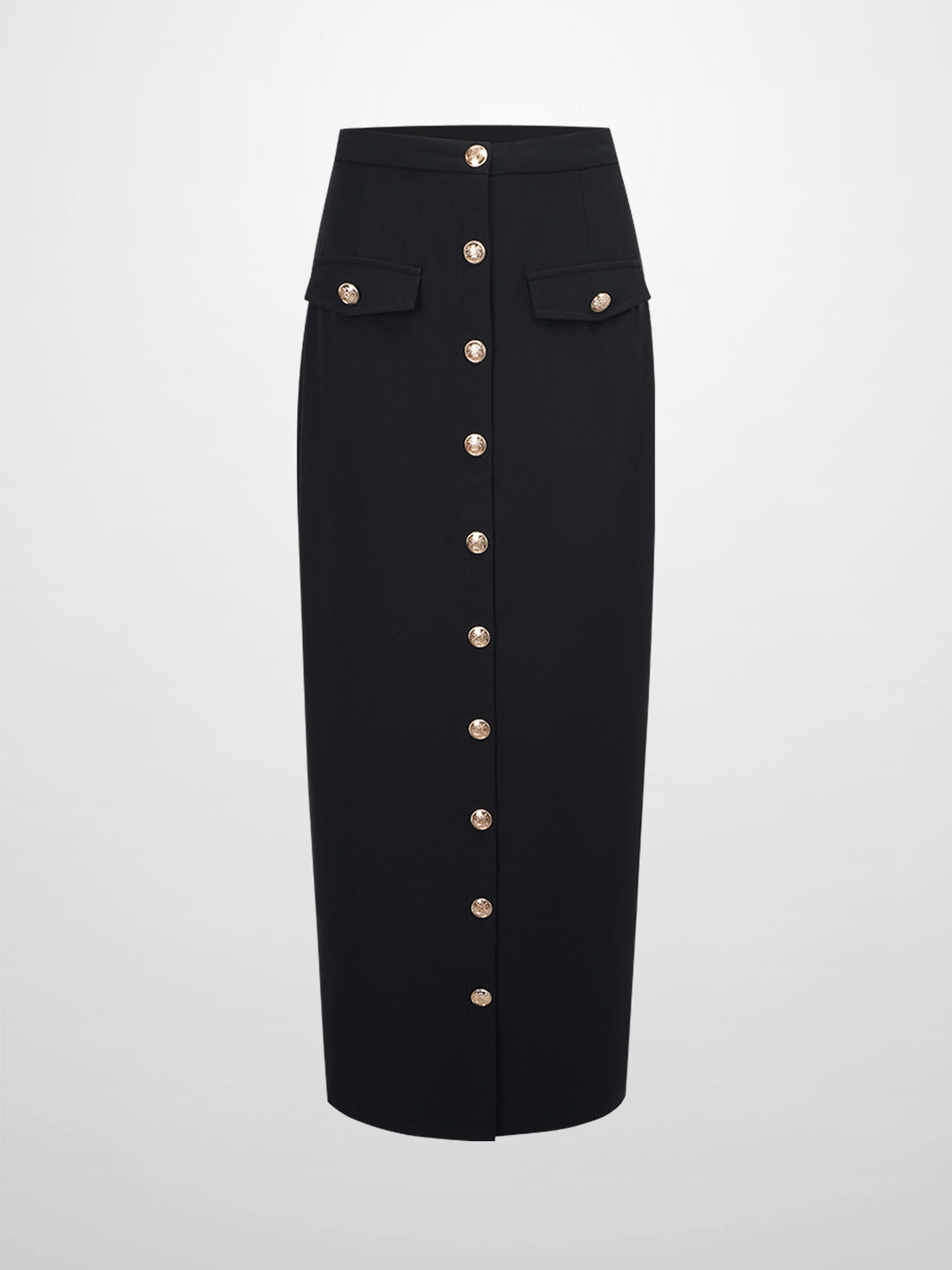 Gold Button Straight Pocket Skirt-Black