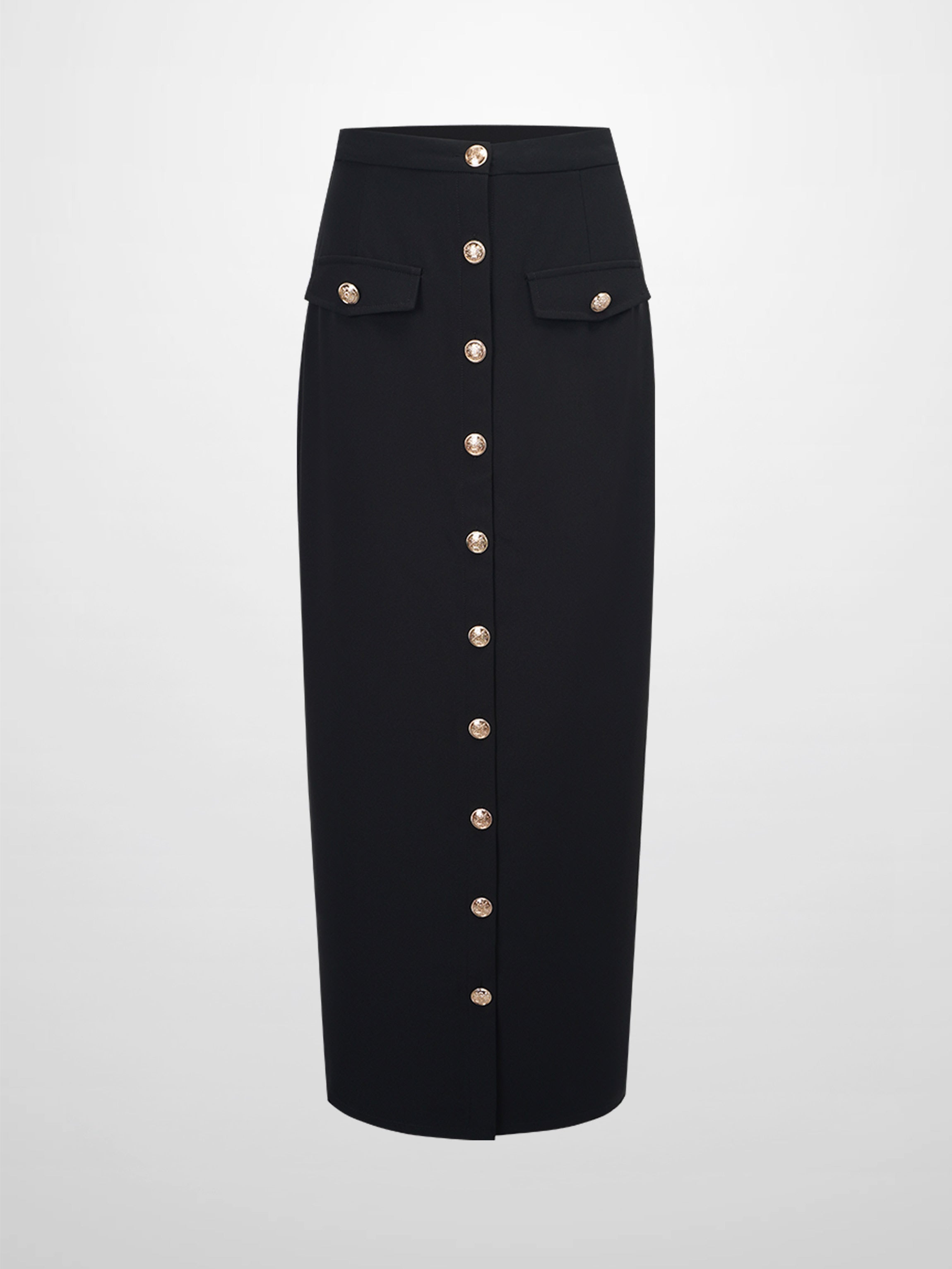 Gold Button Straight Pocket Skirt-Black