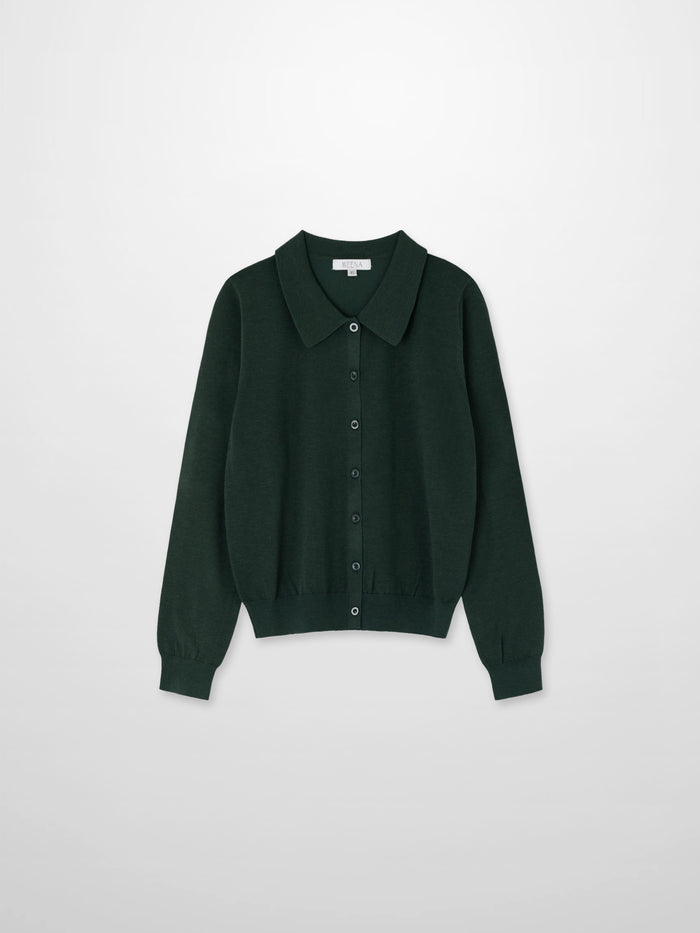 Wool Blend Collared Cardigan-Green