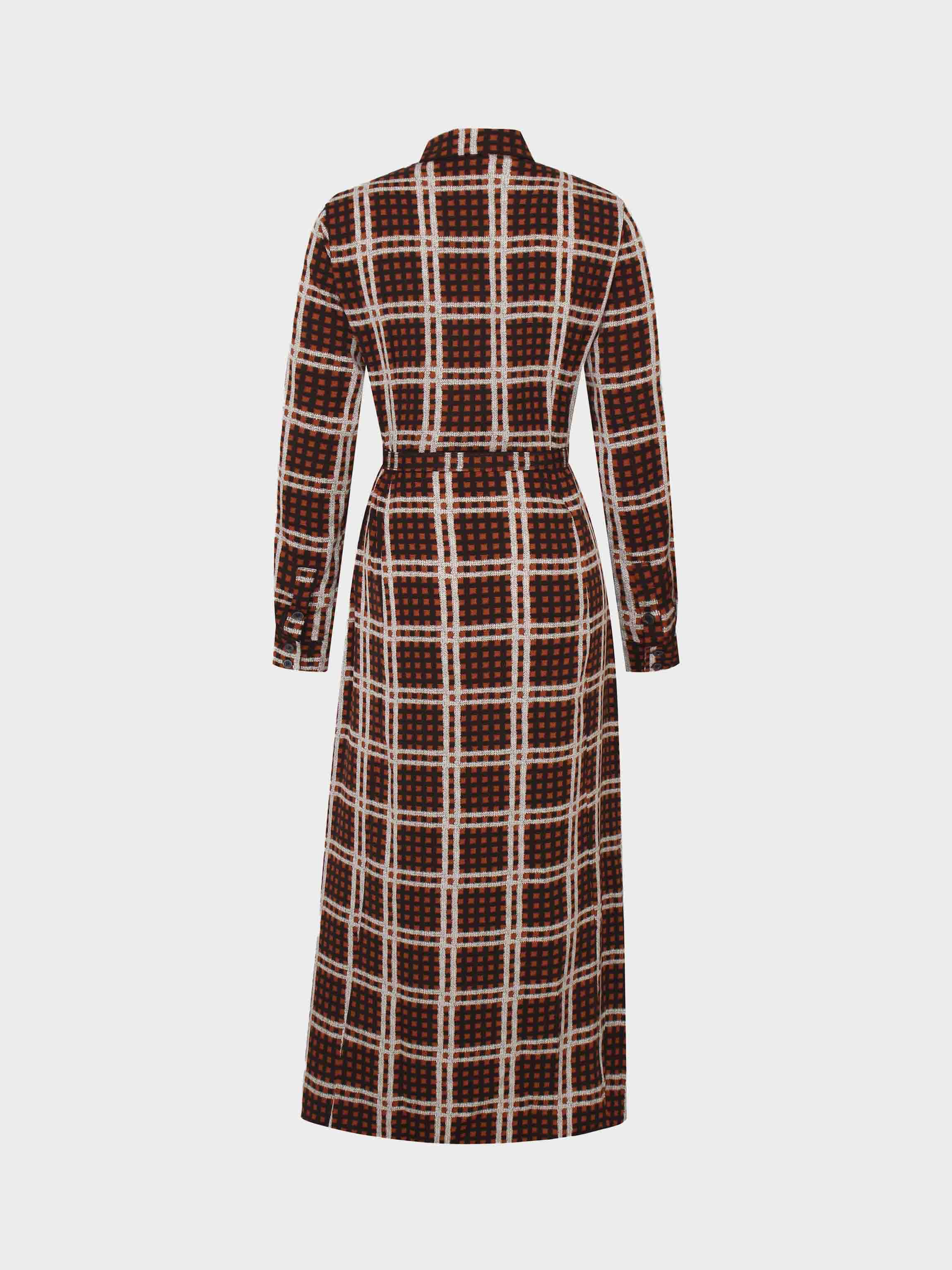 Basic Belted A-Line Dress-Brown/Rust Plaid