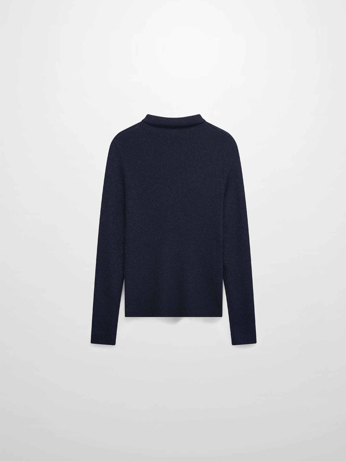 Lurex Ribbed Knit Turtleneck-Navy