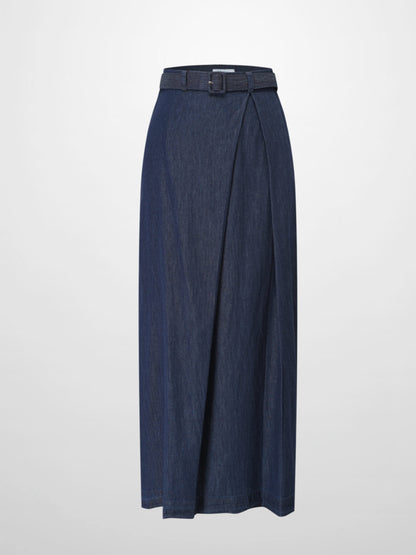 Side Inverted Pleat Denim Skirt-Dark Blue