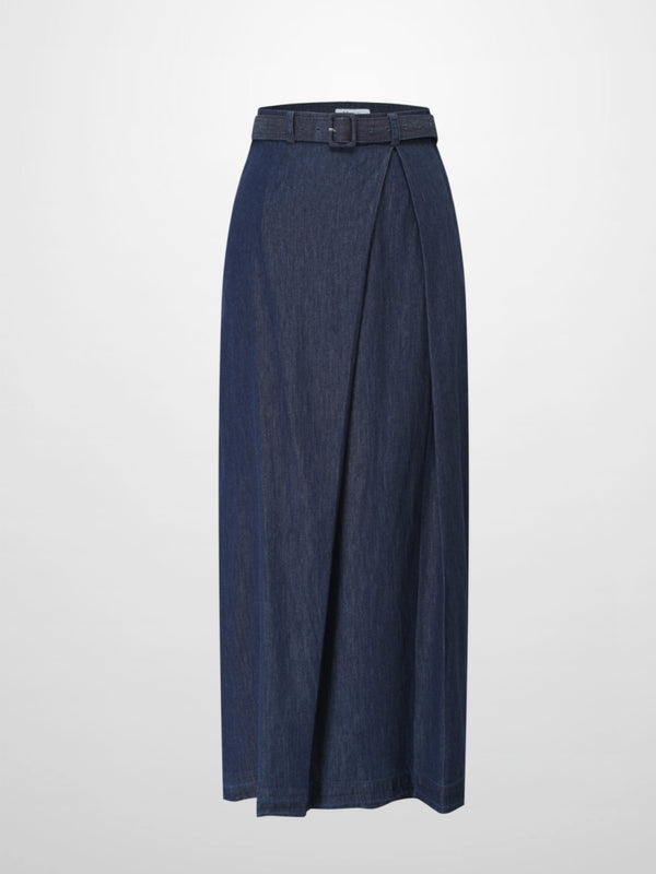 Side Inverted Pleat Denim Skirt-Dark Blue