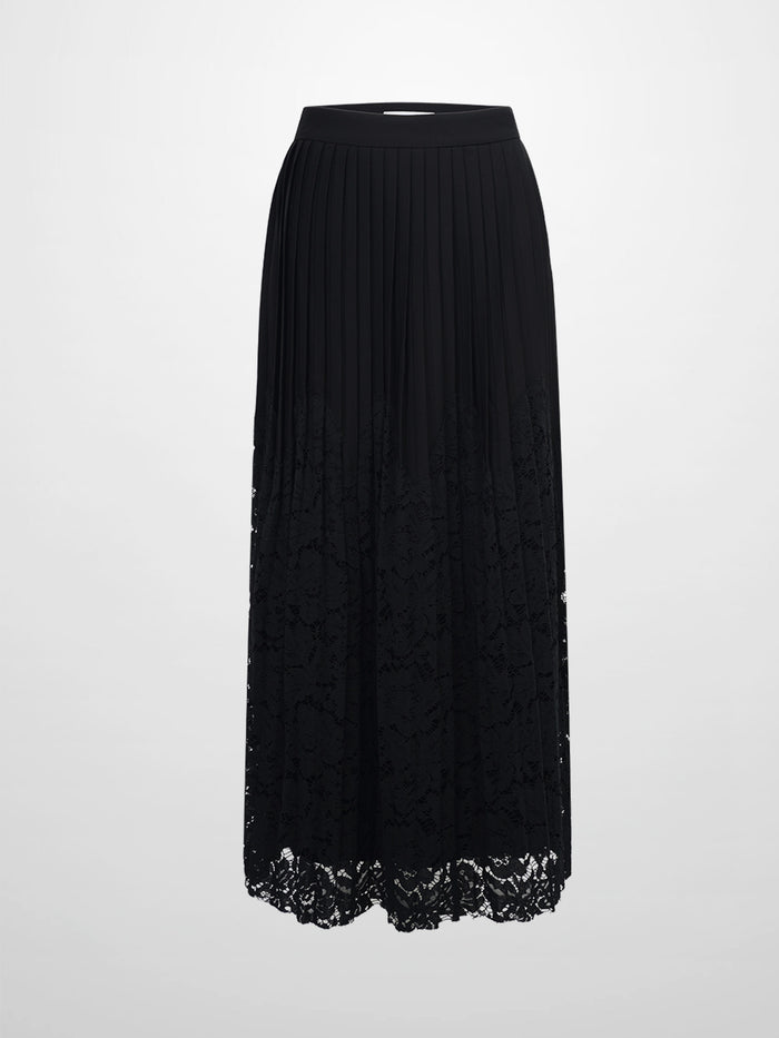 Lace Bottom Pleated Skirt-Black