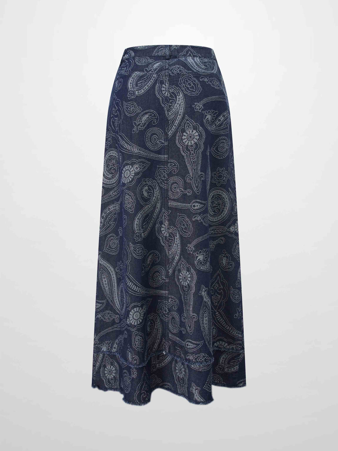 Printed Fringe Denim Skirt-Paisley Print