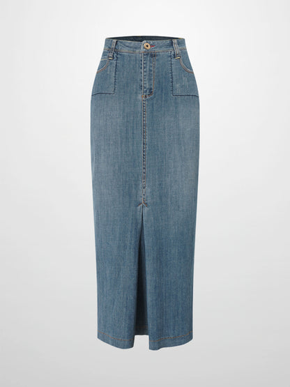 Front Kick Pleat Denim Skirt-Blue