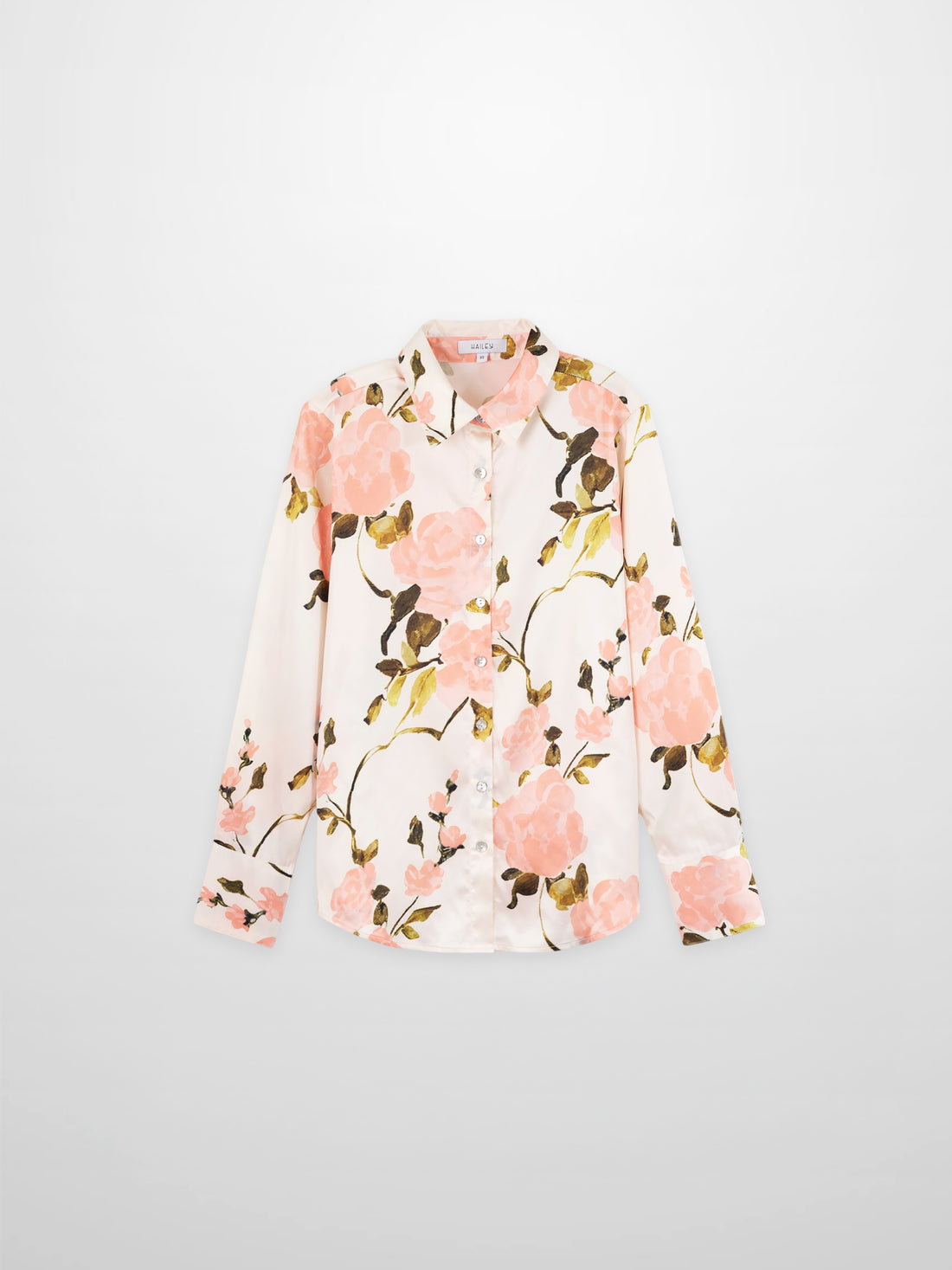 Button Down Faux Satin Blouse-Peach Floral