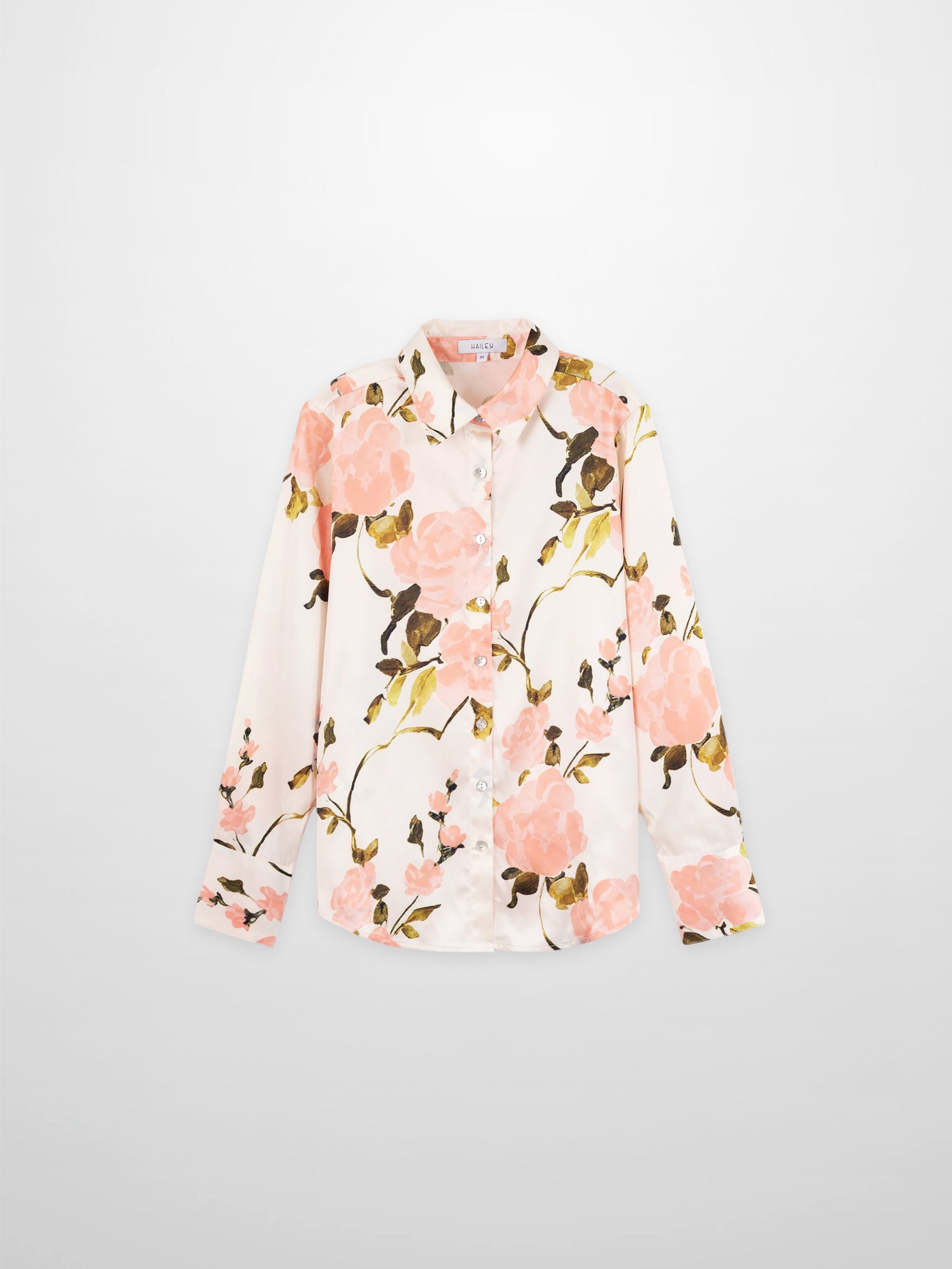 Button Down Faux Satin Blouse-Peach Floral