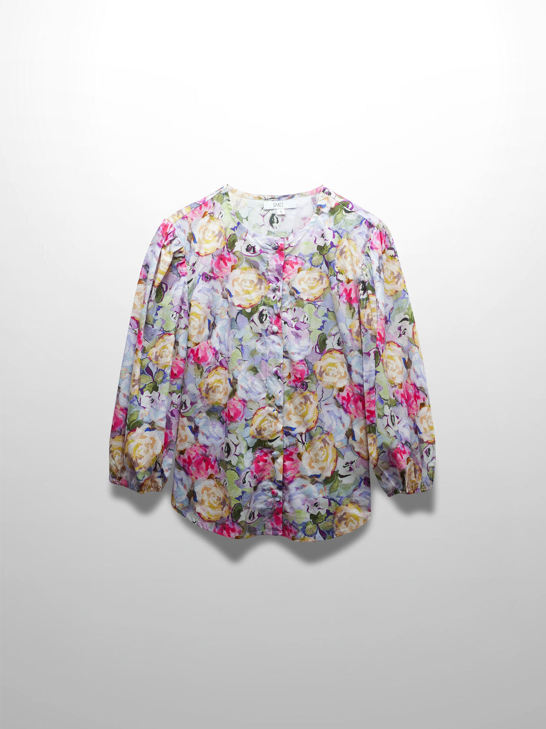 Crew Neck Button Down Blouse-Pink/Purple