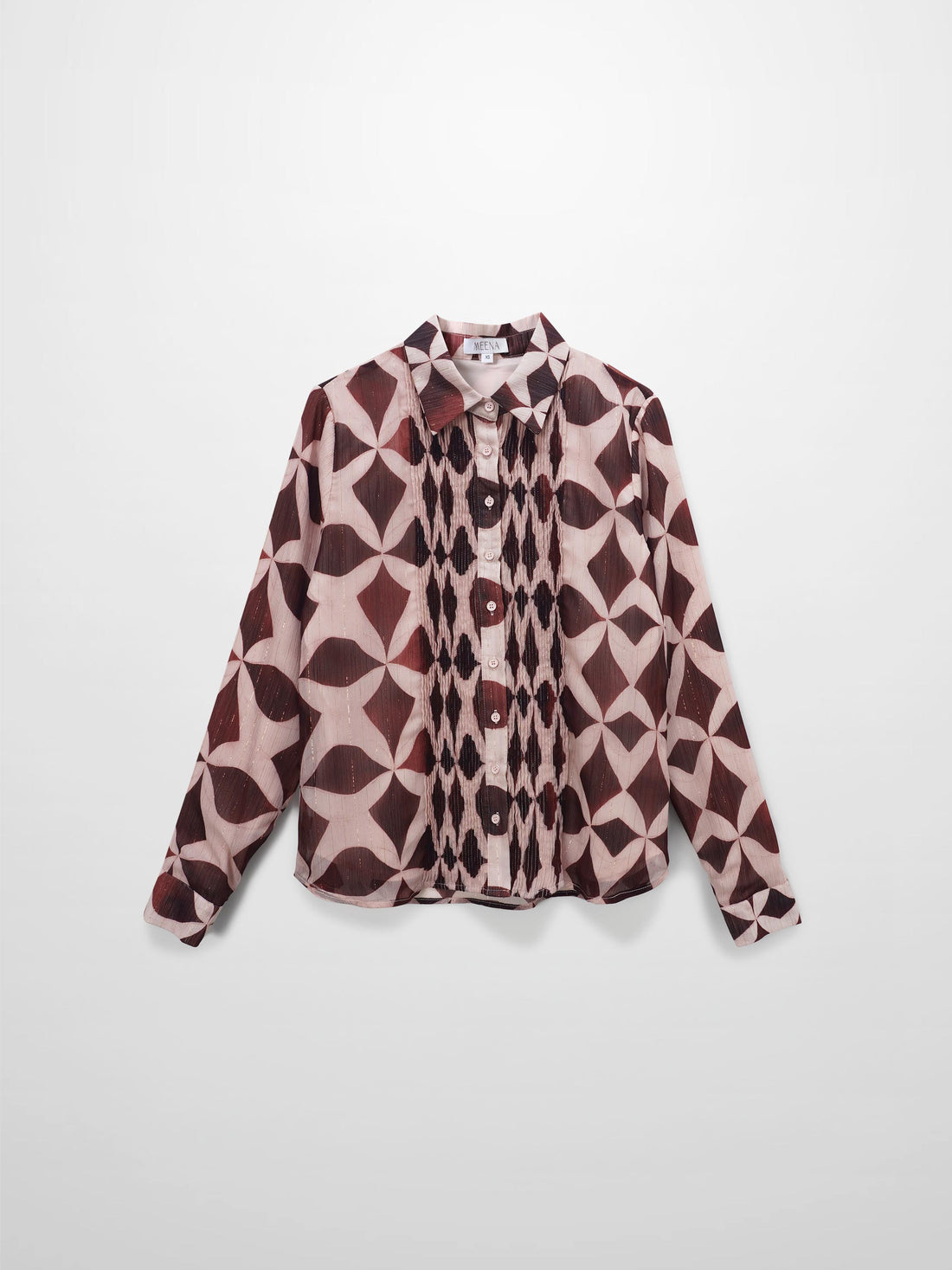 Pintuck Shimmer Print Blouse-Burgundy/Pink