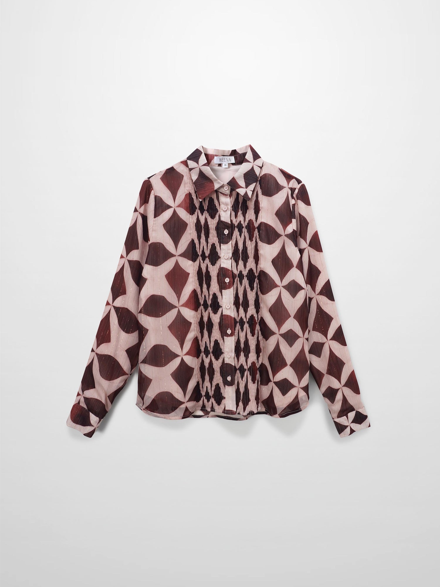 Pintuck Shimmer Print Blouse-Burgundy/Pink