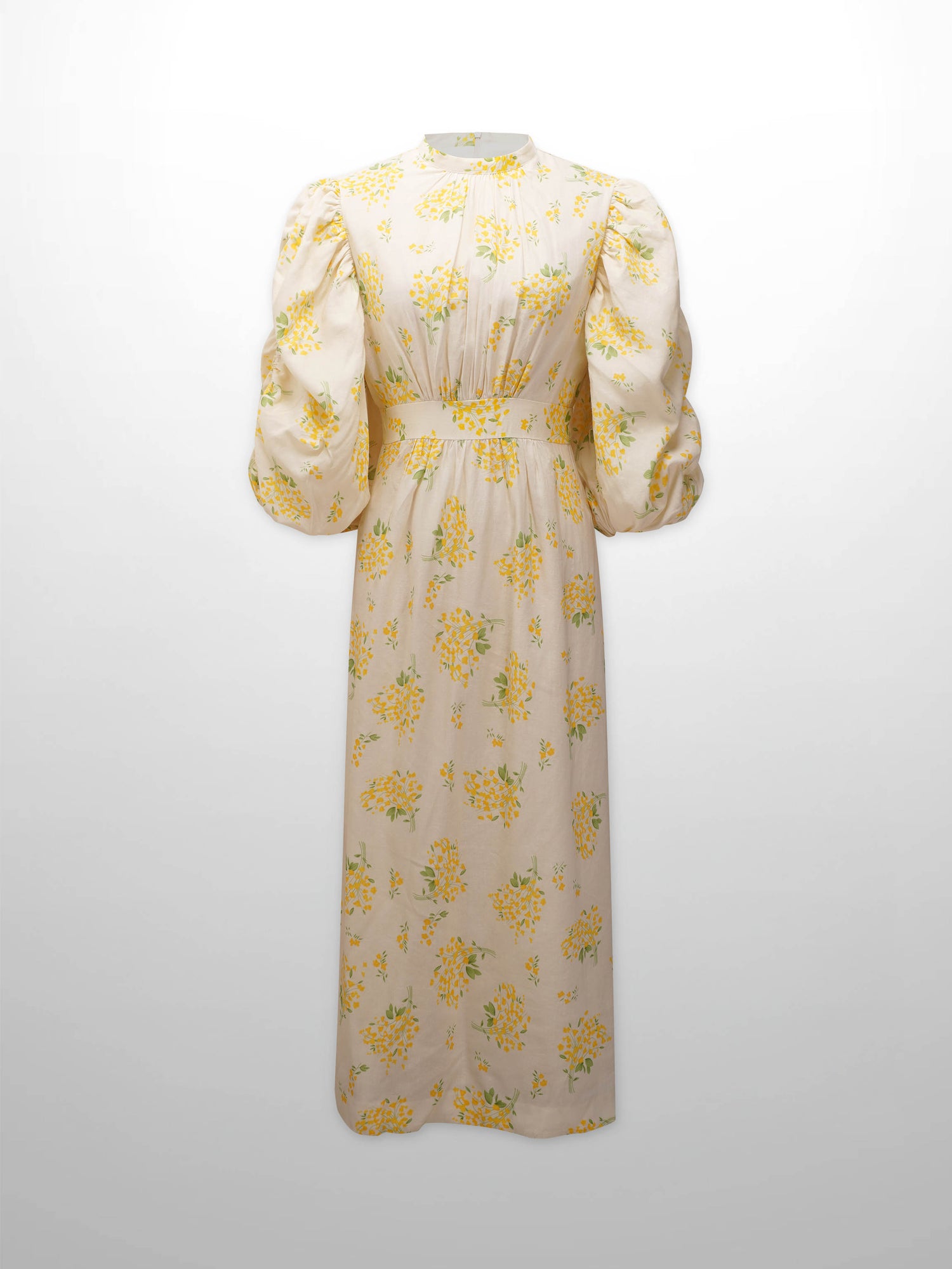 Ruched Puff Sleeve Dress-Yellow Floral