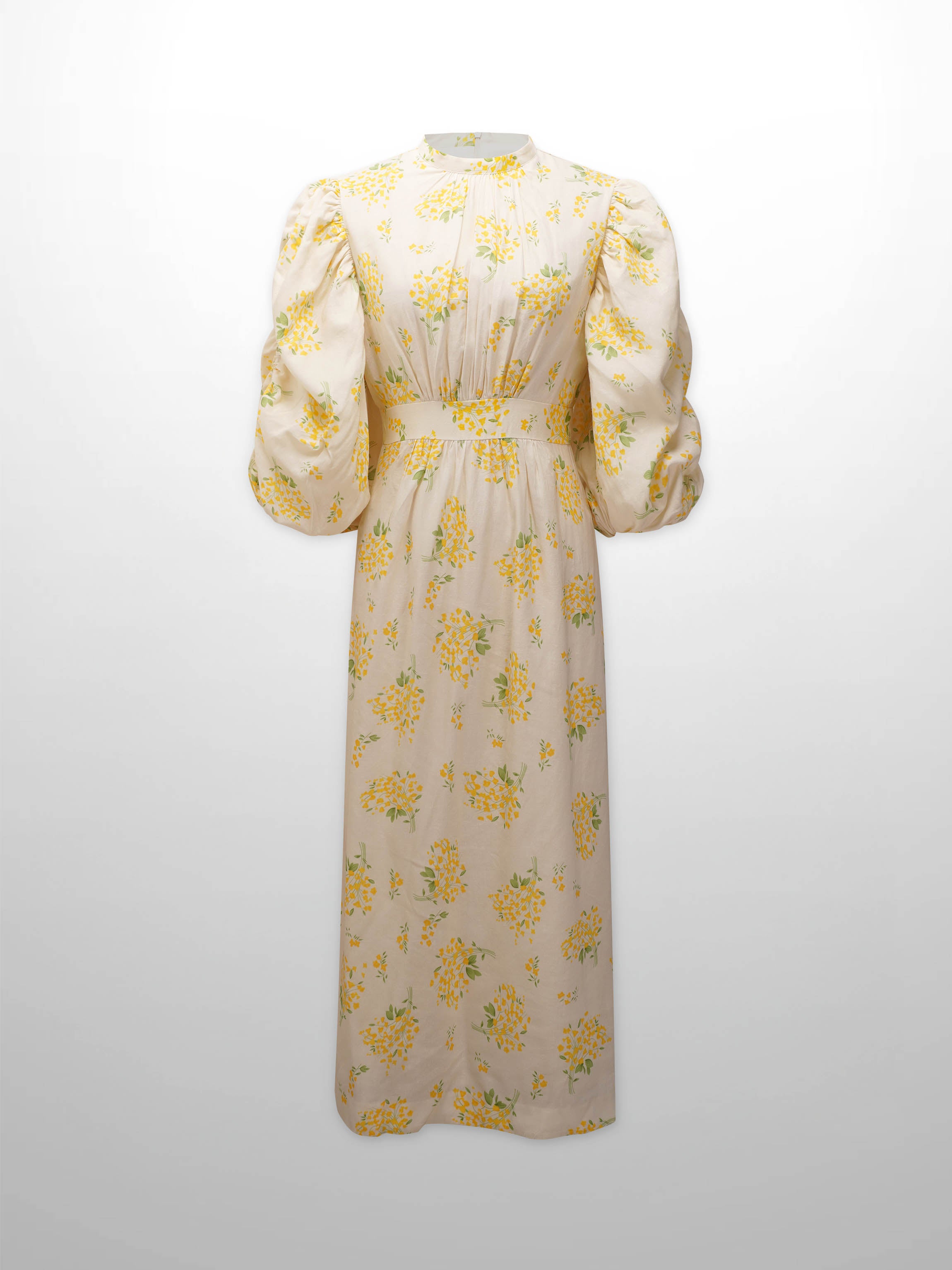 Ruched Puff Sleeve Dress-Yellow Floral