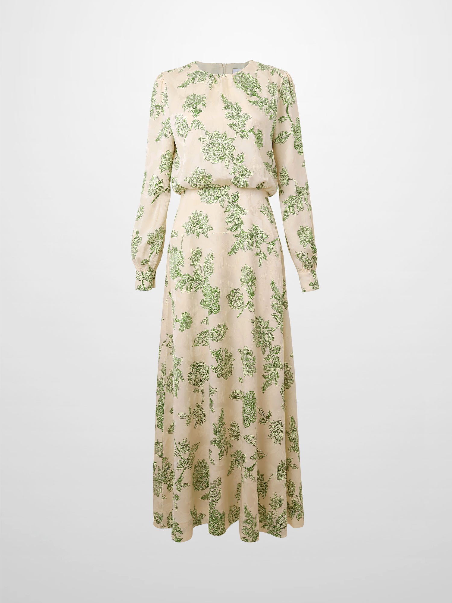 Waist Yoke Dress-Green Sketch Flower Fame on Central Waist Yoke Dress-Green Sketch Flower Fame on Central