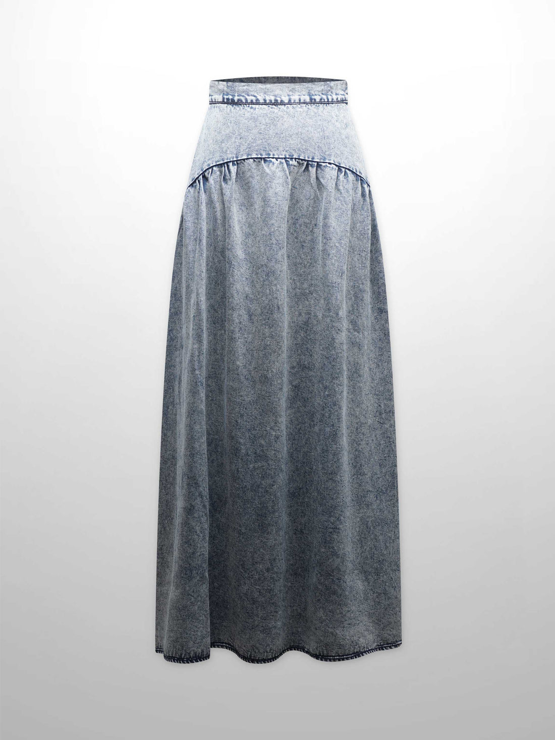 Curved Yoke Washed Denim Skirt 37&quot;-Washed Blue