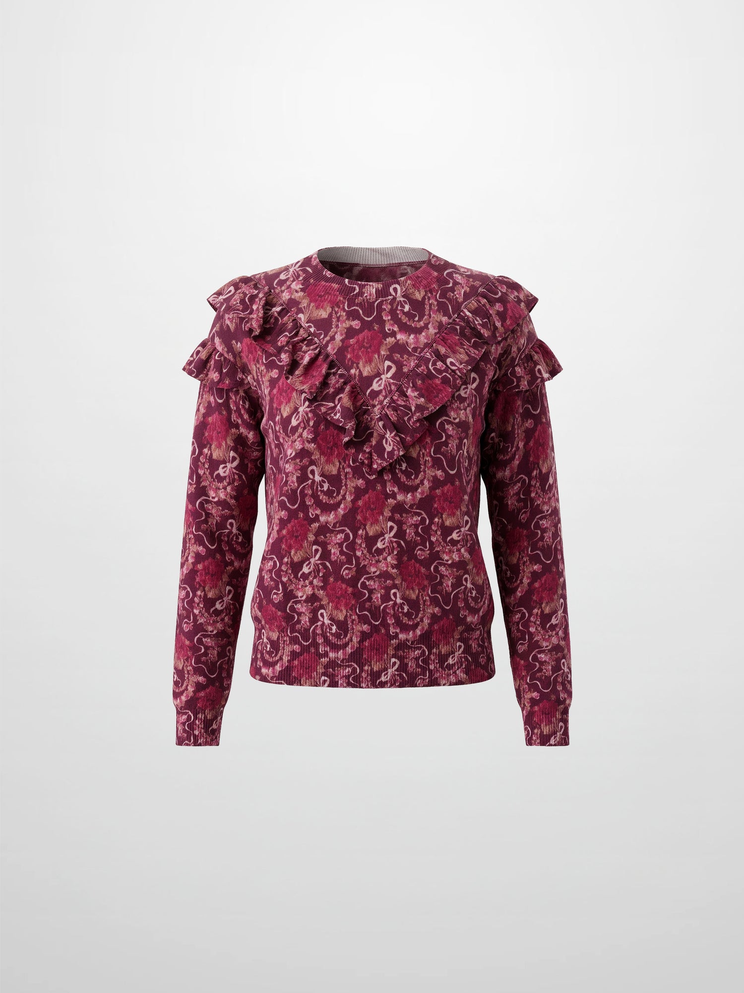Double Ruffle Sweater - Burgundy Floral