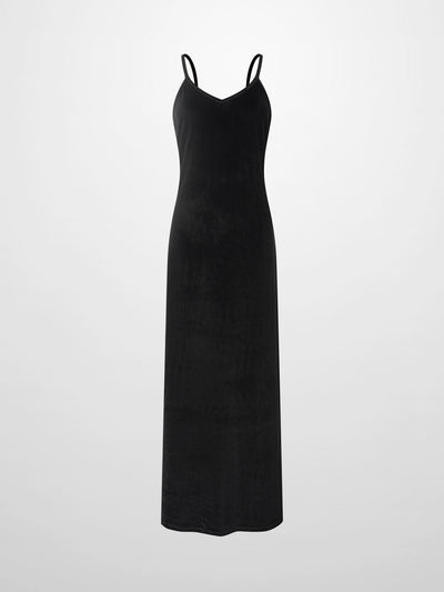 V-Neck Velour Slip Dress-Black