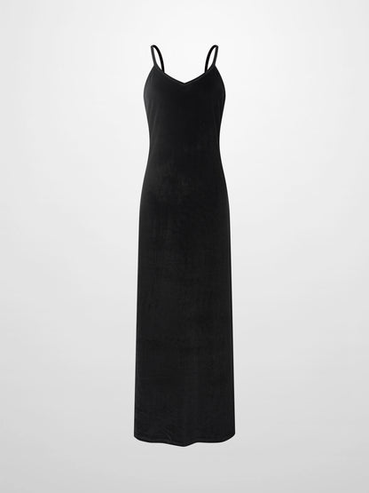 V-Neck Velour Slip Dress-Black
