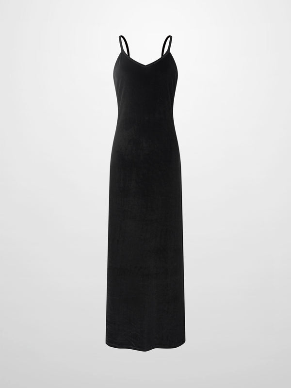 V-Neck Velour Slip Dress-Black