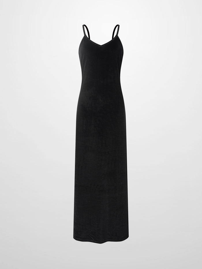 V-Neck Velour Slip Dress-Black