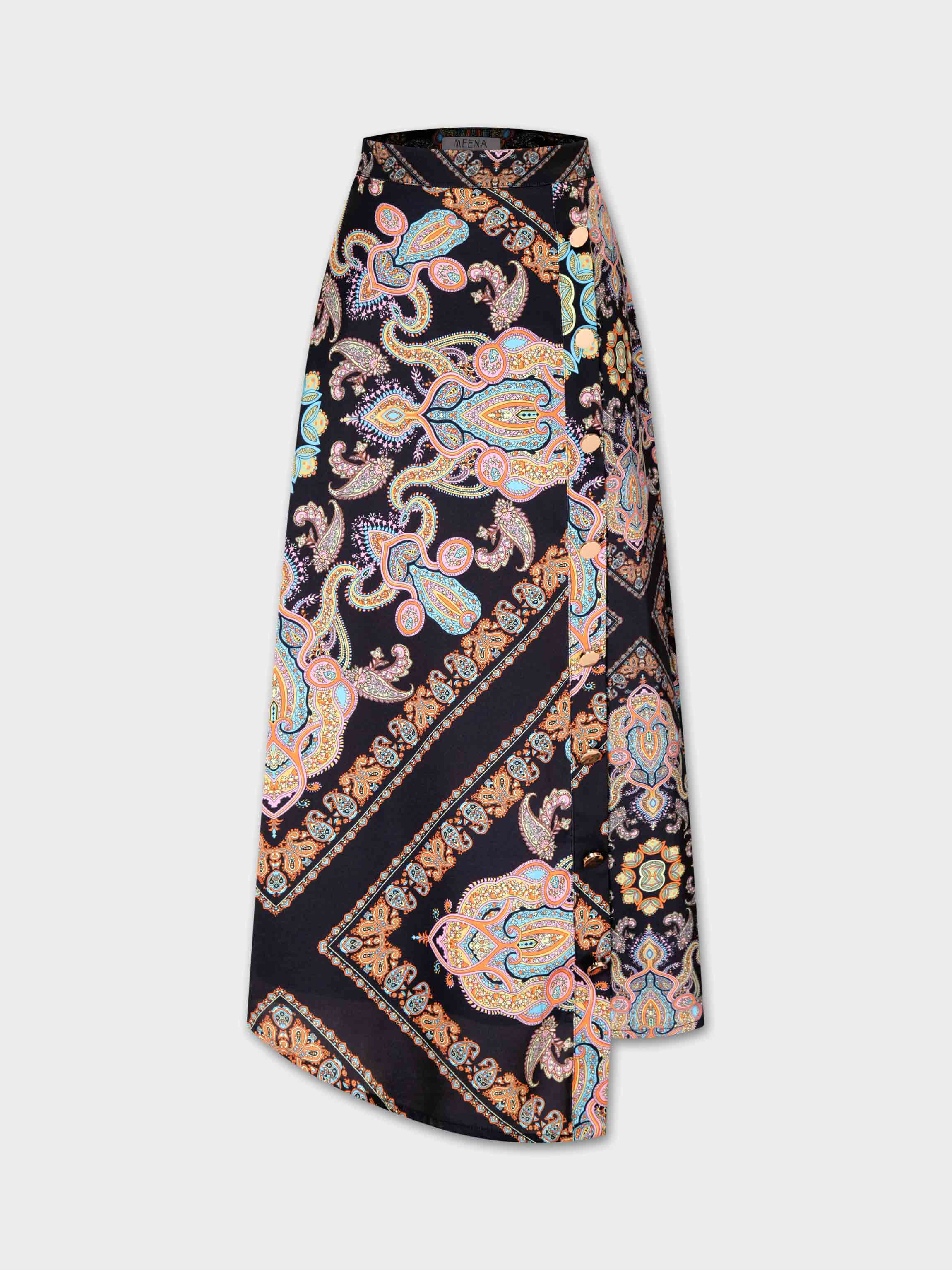 Asymmetrical Printed Skirt-Floral Paisley