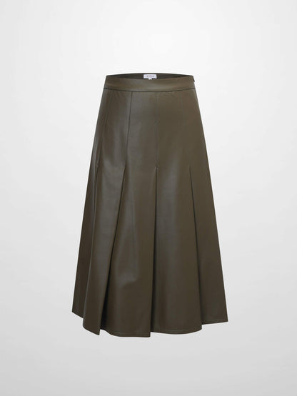 Faux Leather Stitch Down Pleated Skirt-Olive Green