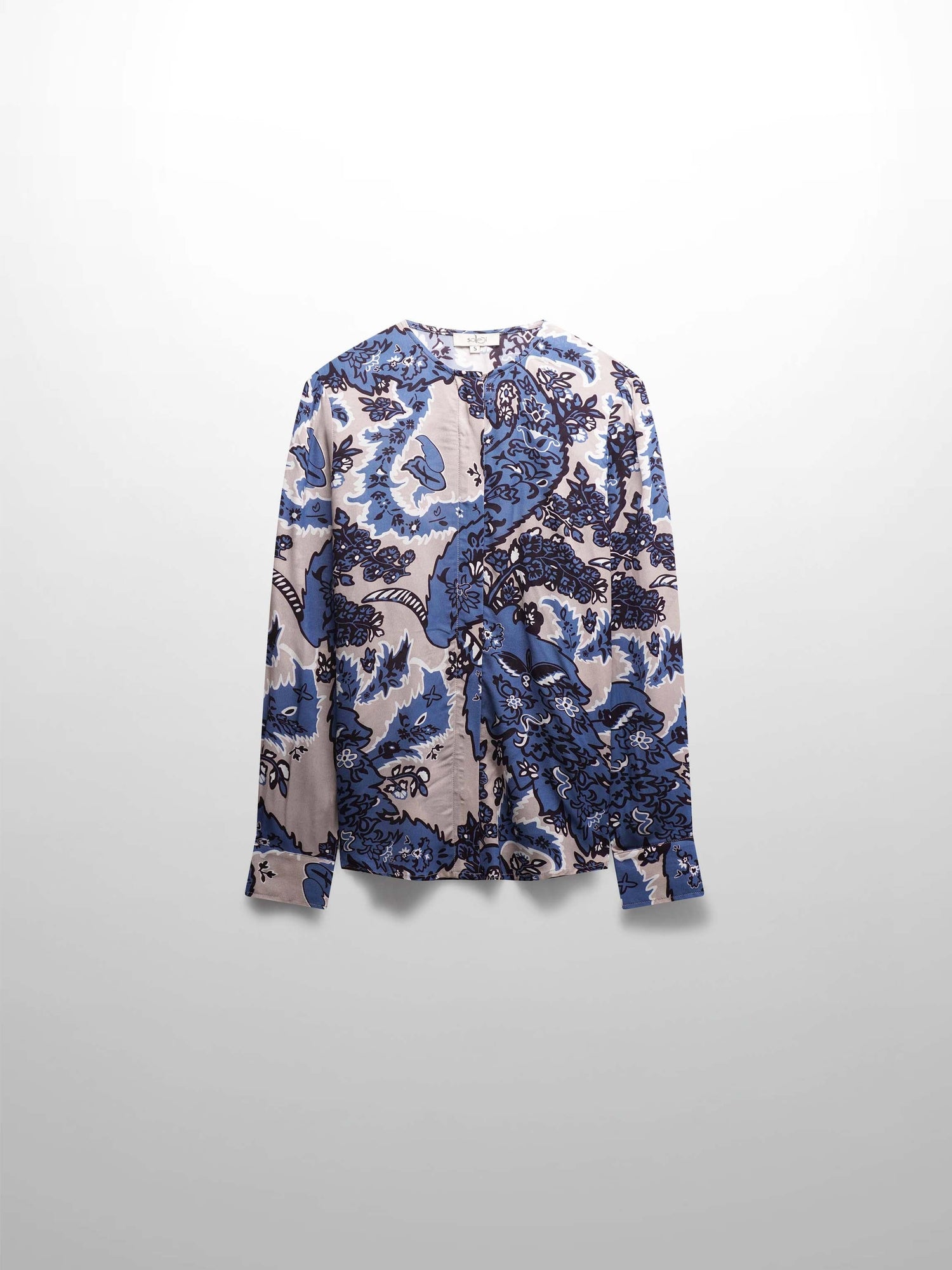 Collarless Button Down Blouse-Blue/Taupe Paisley