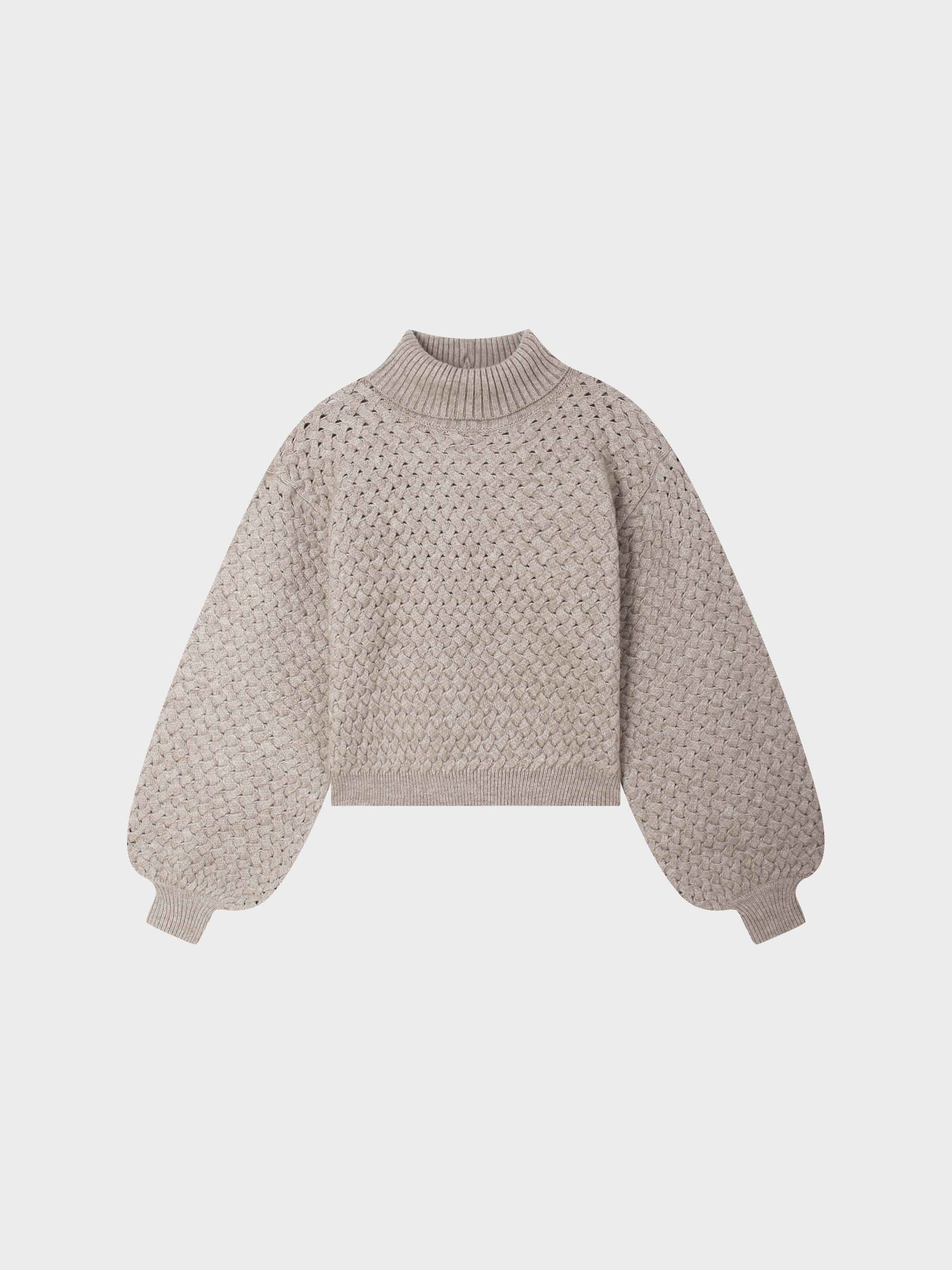 Basketweave Turtleneck Sweater-Taupe