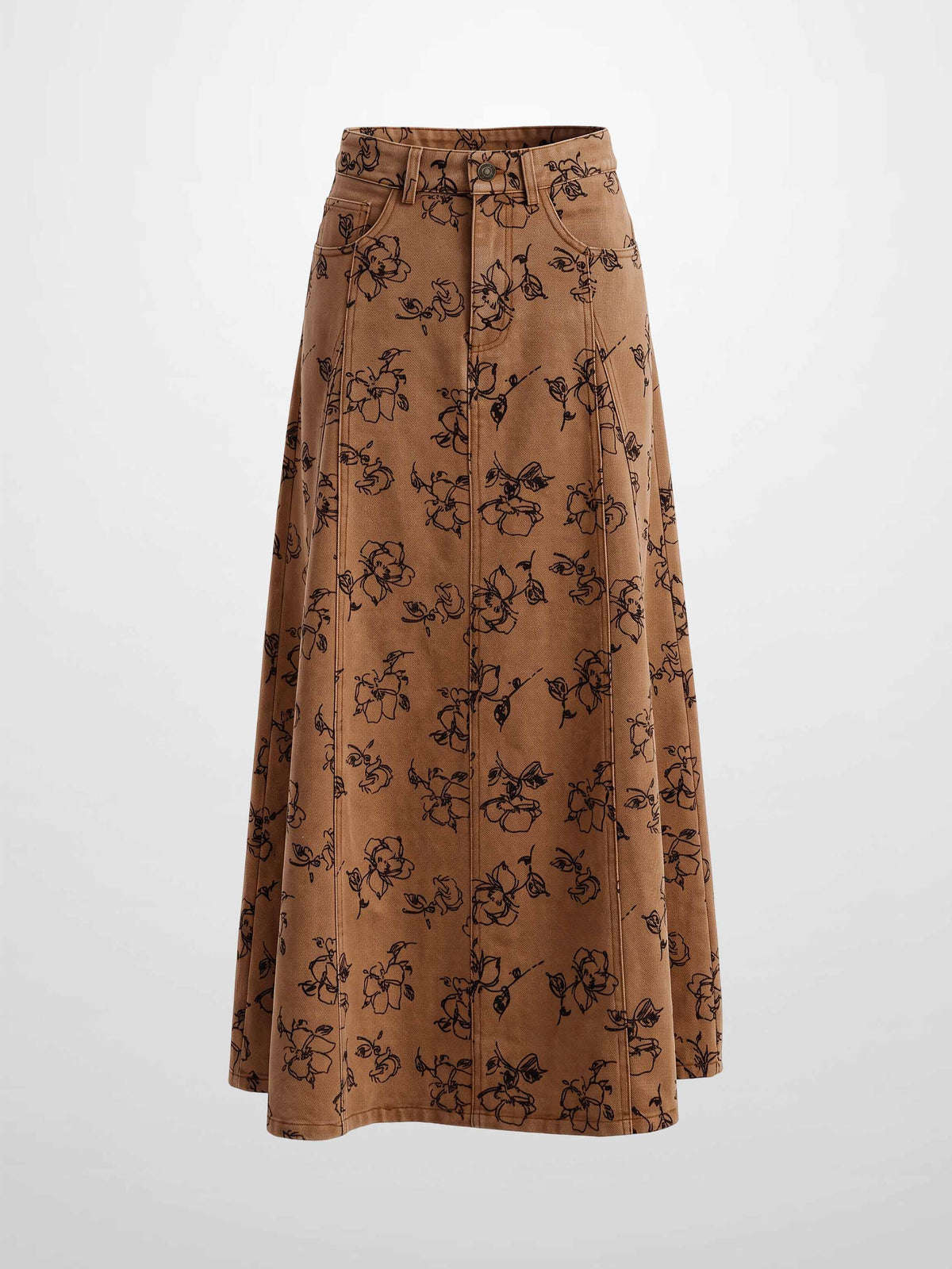 Printed Denim Flare Skirt - Brown/Black Floral
