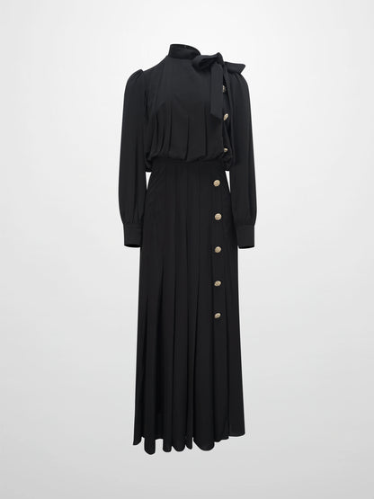 Side Button Pleat Dress-Black