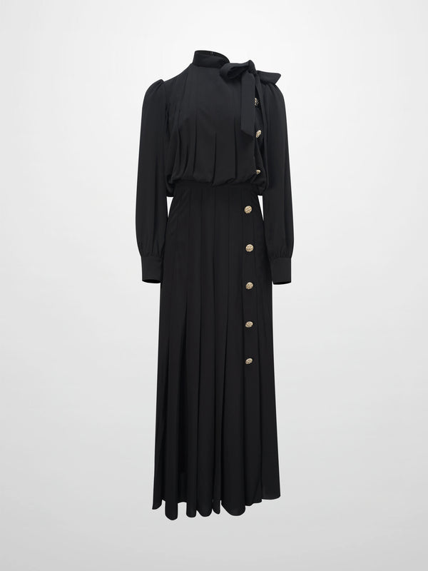 Side Button Pleat Dress-Black