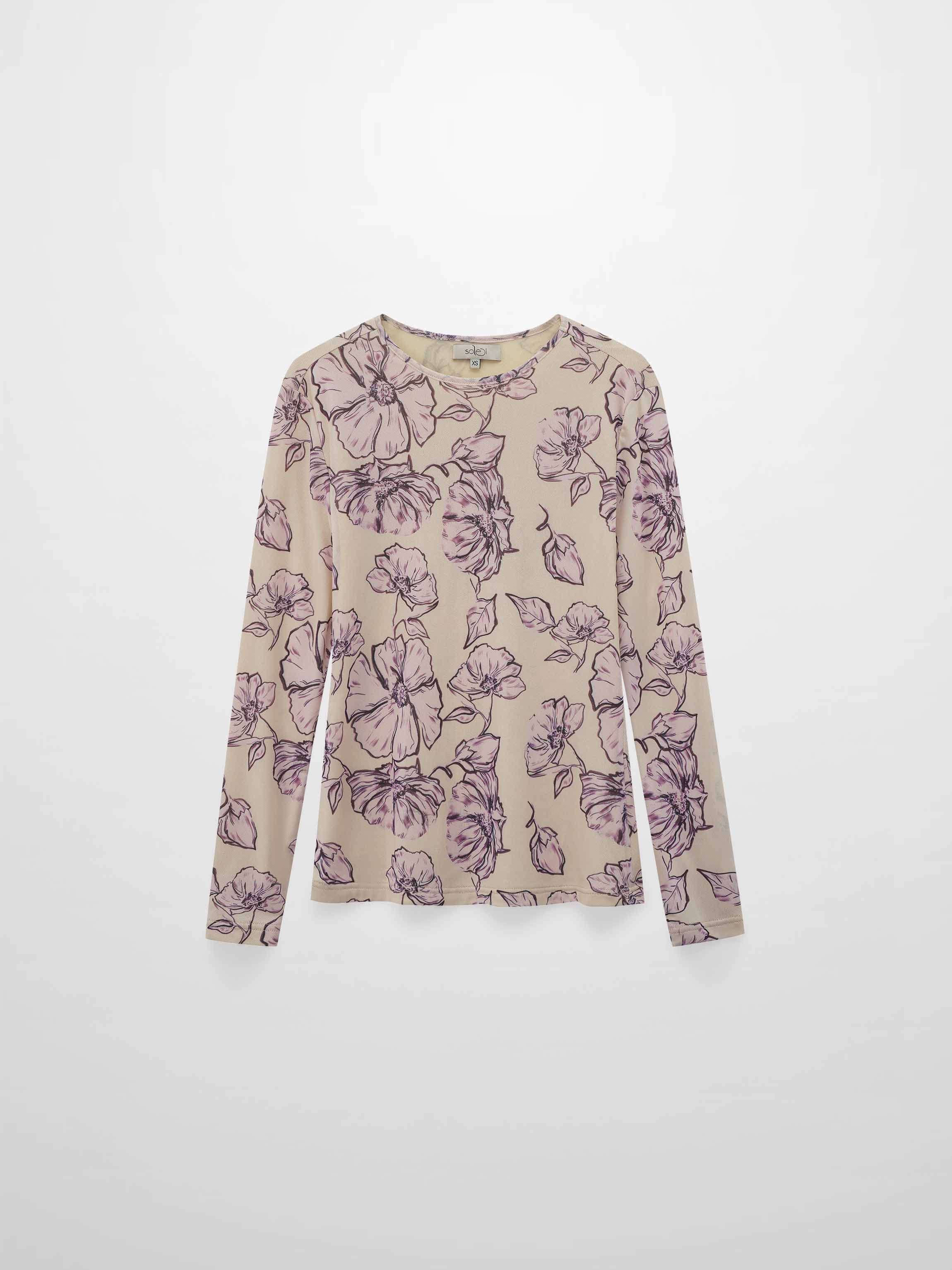 Mesh Crew Neck Print Top-Lavender Floral