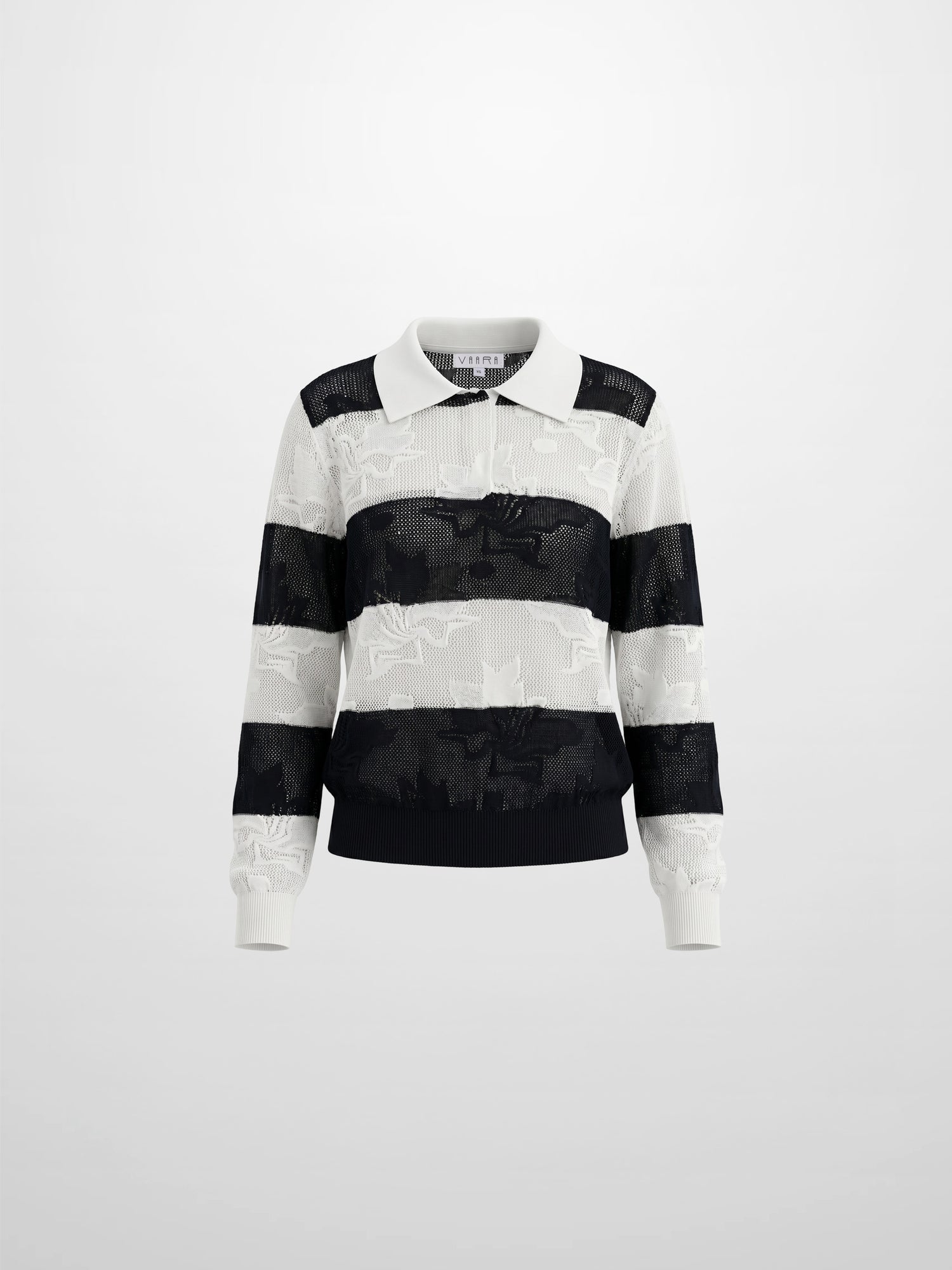 Mesh Floral Polo Top-Black/White Stripe