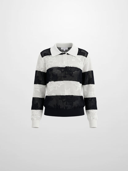 Mesh Floral Polo Top-Black/White Stripe
