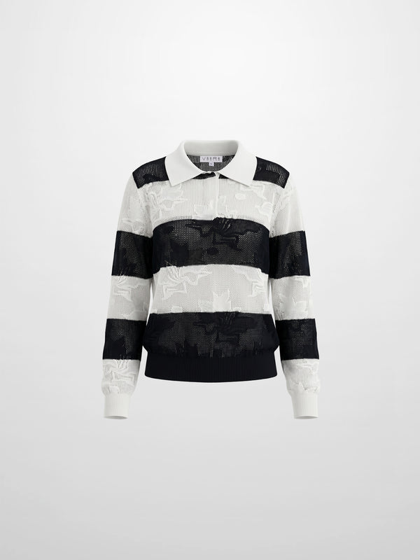 Mesh Floral Polo Top-Black/White Stripe