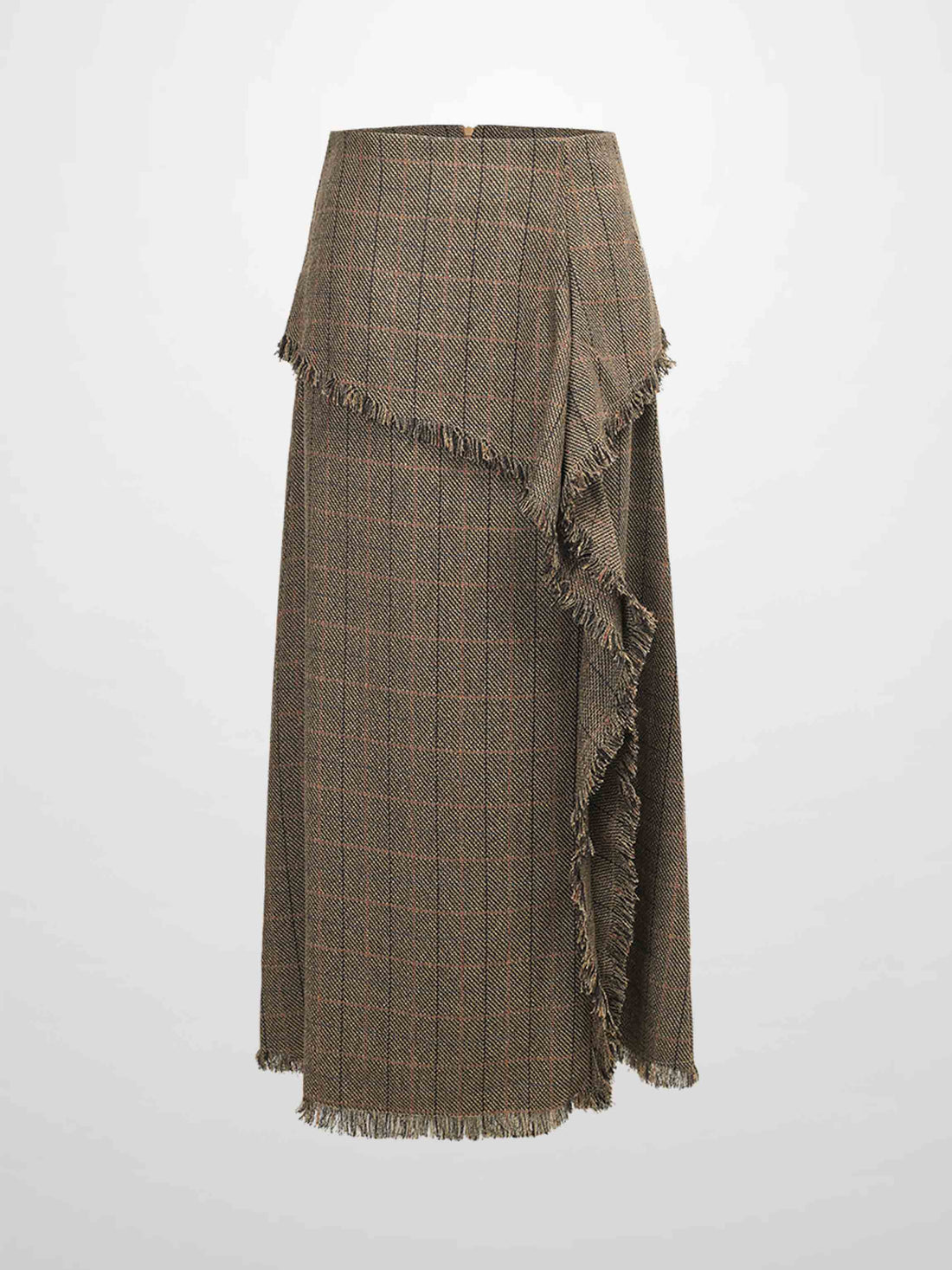 Tweed Herringbone Fringe Skirt 35&quot;-Olive