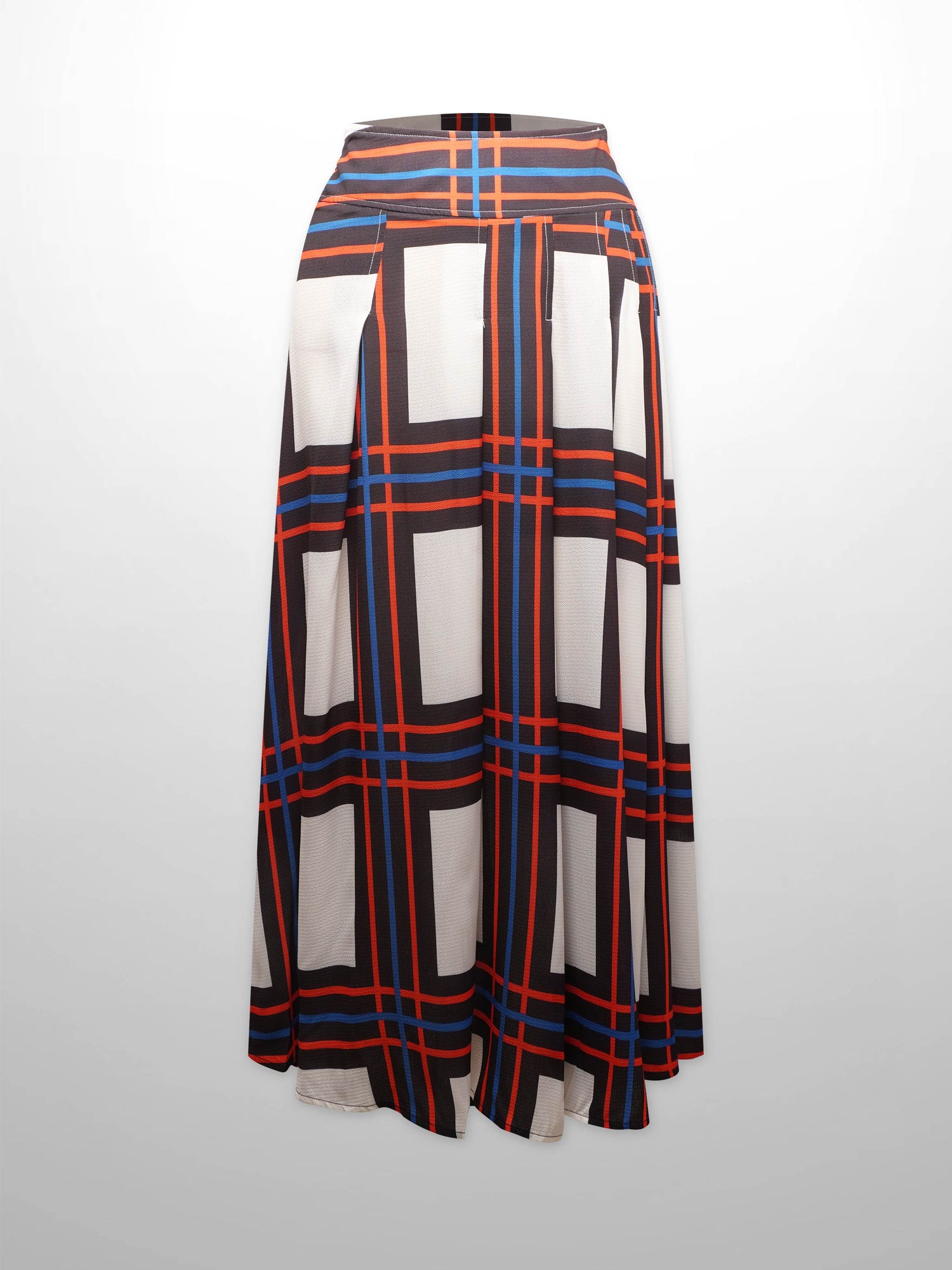 Printed Yoke Pleated Skirt-White/Blue