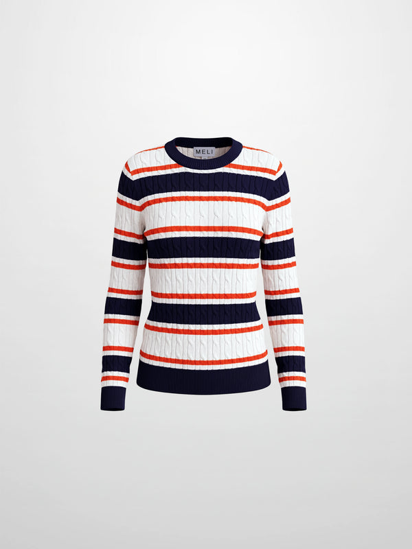 Striped Cable Sweater-Navy/White/Orange