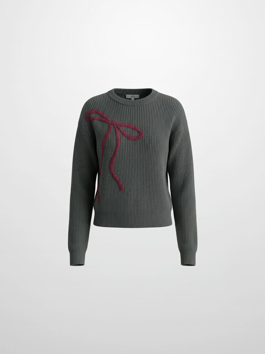 Embroidered Bow Sweater - Grey/Burgundy