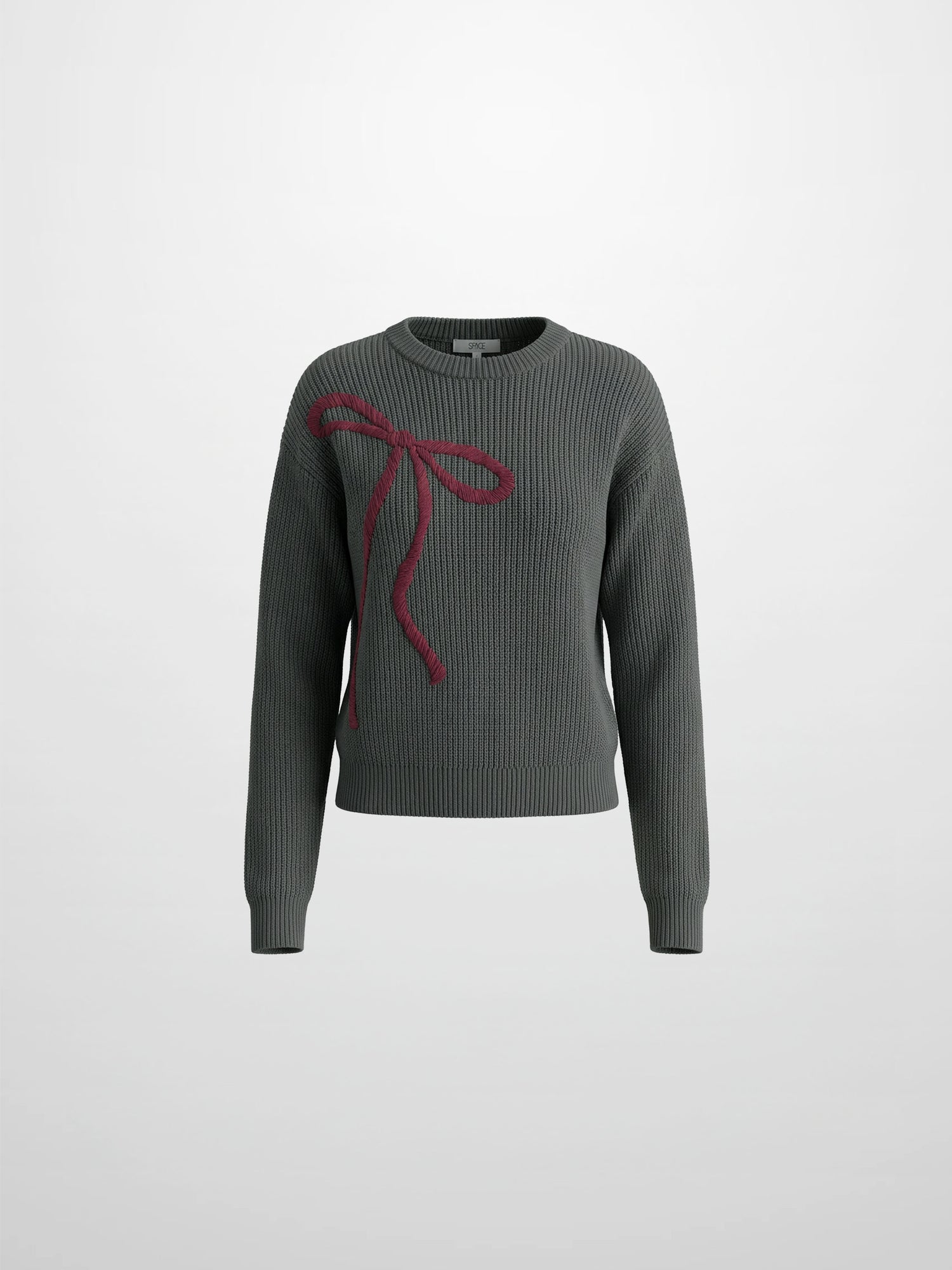 Embroidered Bow Sweater - Grey/Burgundy