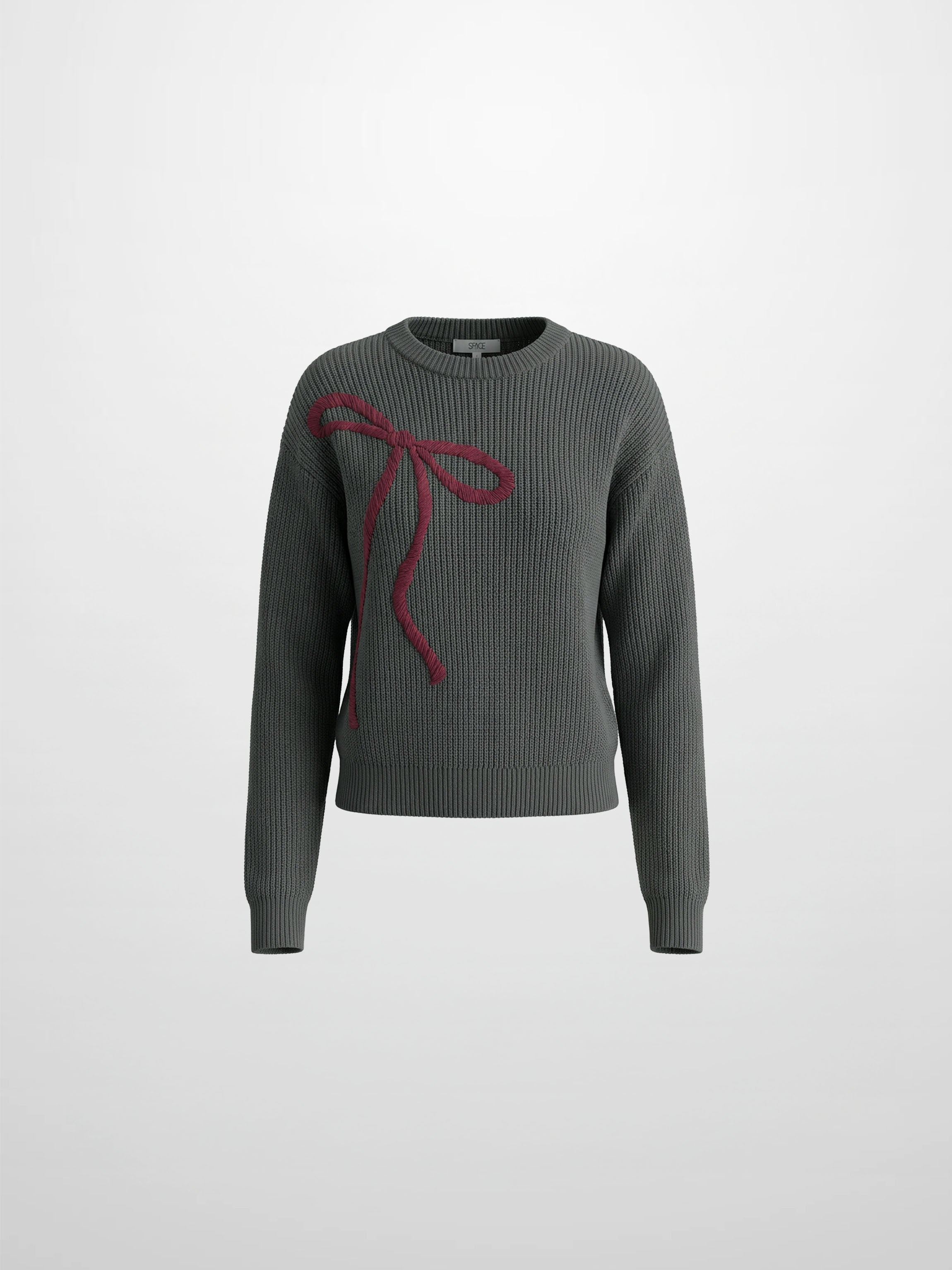 Embroidered Bow Sweater - Grey/Burgundy