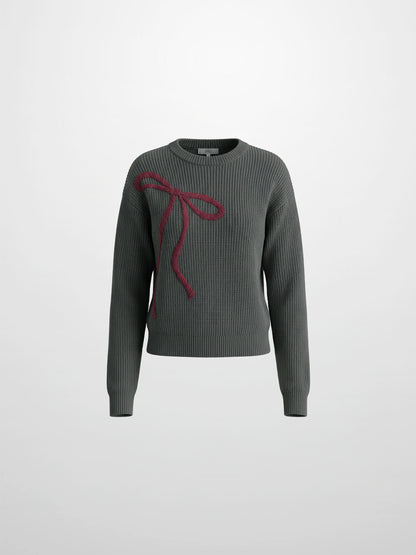 Embroidered Bow Sweater - Grey/Burgundy