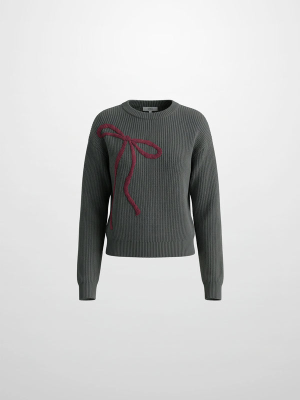 Embroidered Bow Sweater - Grey/Burgundy