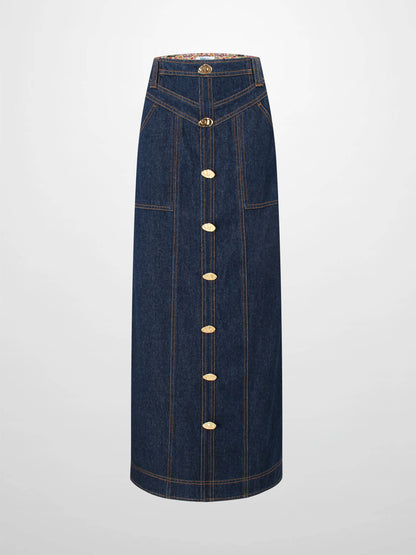 Button Design Denim Skirt-Blue
