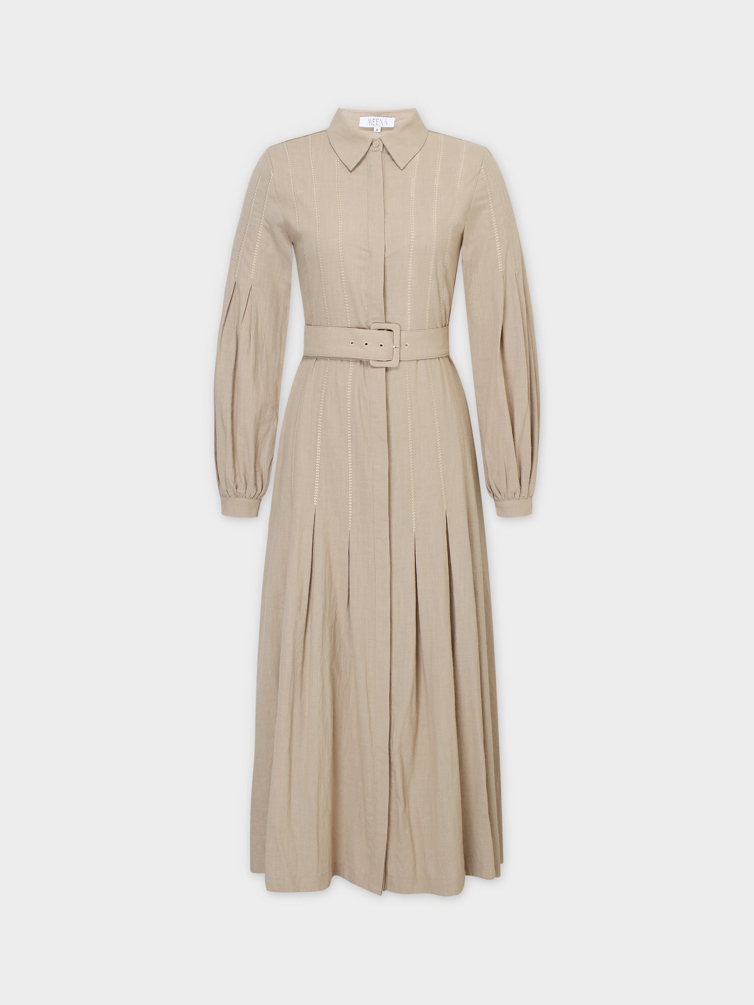 CROSS STITCH PLEATED DRESS-TAN